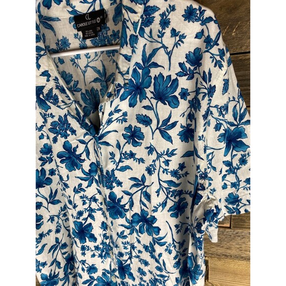 Carole Little Women's Top 2X Blue Floral Linen Rayon Button Front - Picture 4 of 11